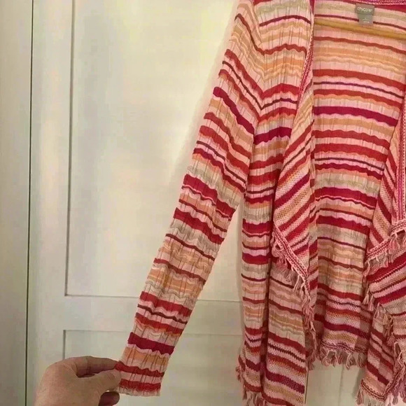 Chico's Knit Sweater Cardigan Open Front Waterfall Fringe Edge Chico's Size 2 - Picture 7 of 13